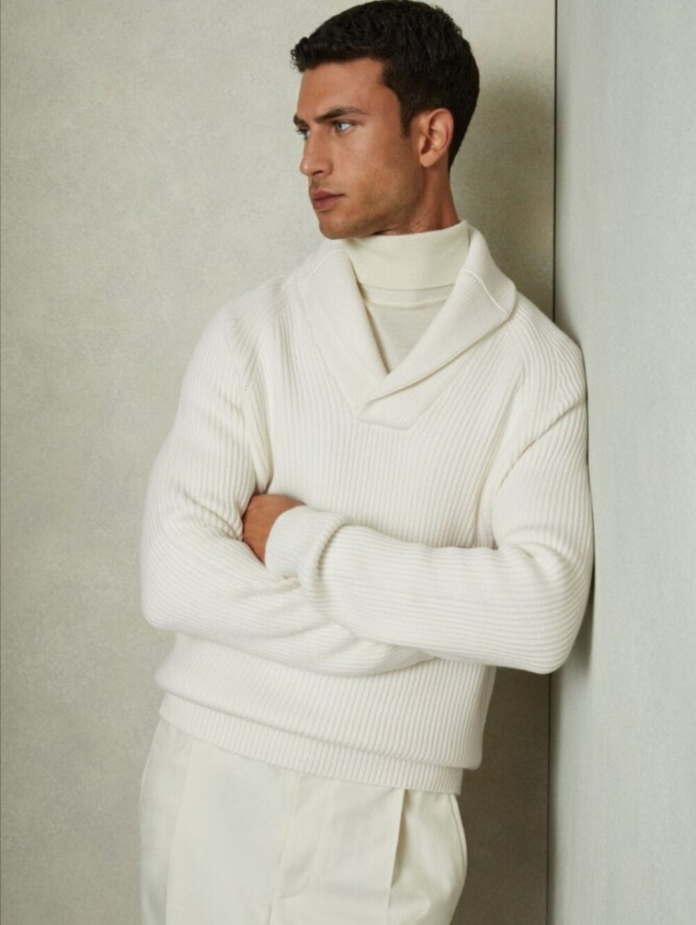 Reiss Dewhirst Ribbed Shawl Collar Jumper with Cotton and Wool in White - Size S